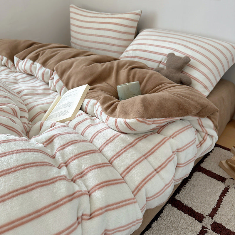 Premium Weiche Gestreifte Fleece Bettwäsche Set