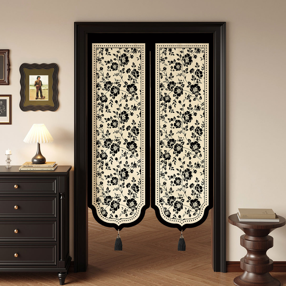 Decorative Split Noren Door Curtain Panel with Floral Jacquard and Tassel Weights