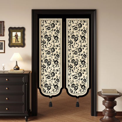 Decorative Split Noren Door Curtain Panel with Floral Jacquard and Tassel Weights