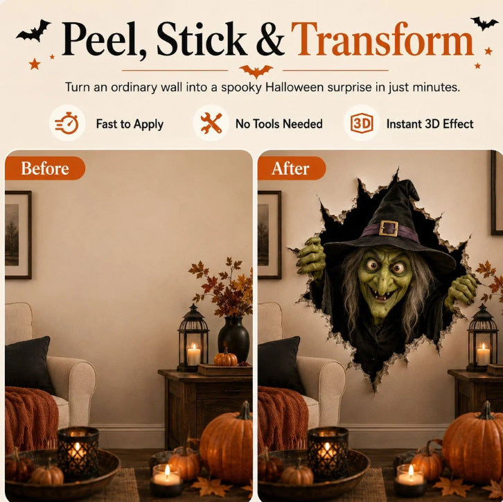Dreidimensionaler Halloween-Wandsticker Hexe mit Loch-in-Wand-Effekt und Kürbislaterne