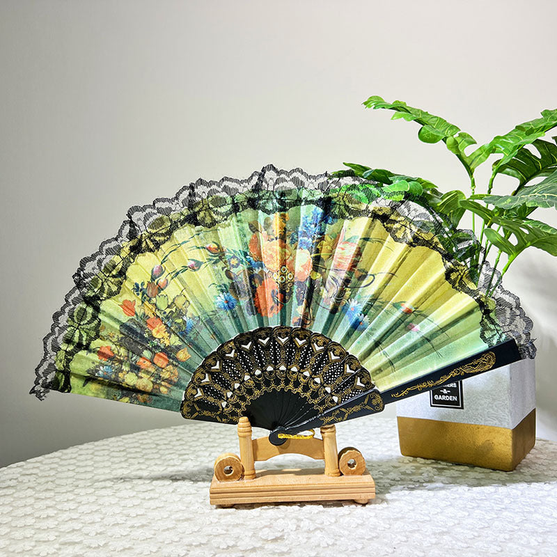 Damen Eleganter Handfächer mit floralem Design und Spitzenrändern Brehn