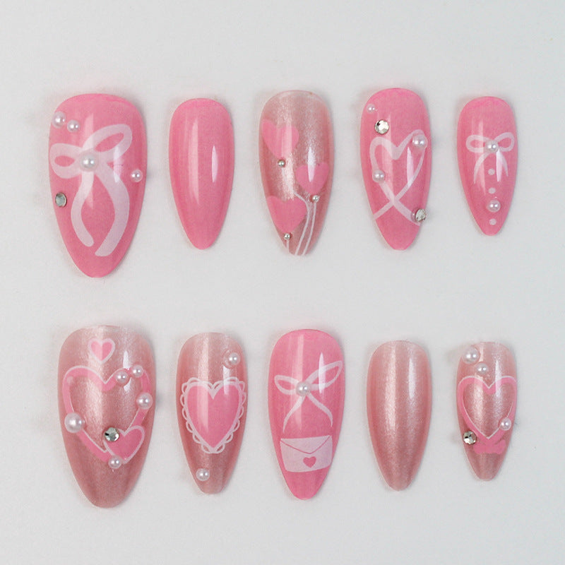 Premium Kunstnagelset mit romantischen Herz- und Schleifenmotiven Brehn