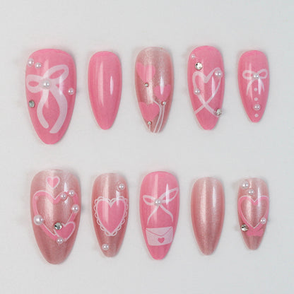 Premium Kunstnagelset mit romantischen Herz- und Schleifenmotiven Brehn
