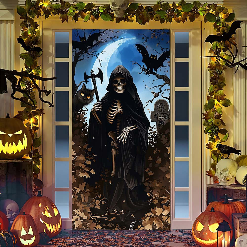 Halloween-Türposter mit großformatiger Grim-Reaper-Illustration und wiederverwendbarem PVC-Planenstoff