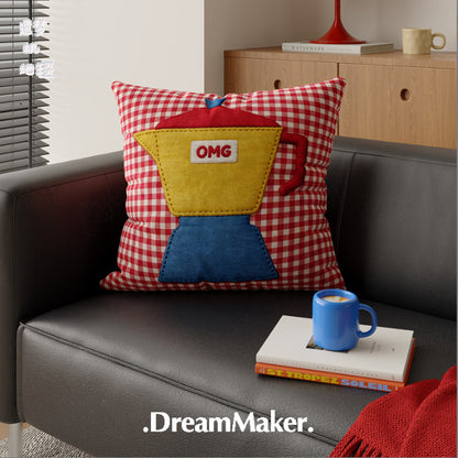 Decorative Gingham Appliqué Coffee Cup Throw Pillow Cover