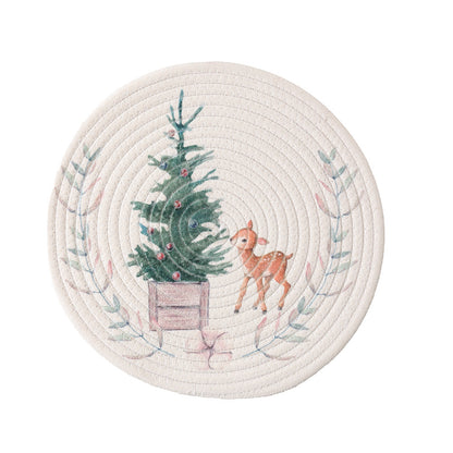 Rundes Tischset aus gewebter Baumwolle mit niedlicher Nashorn-Illustration und floralem Kranz Brehn