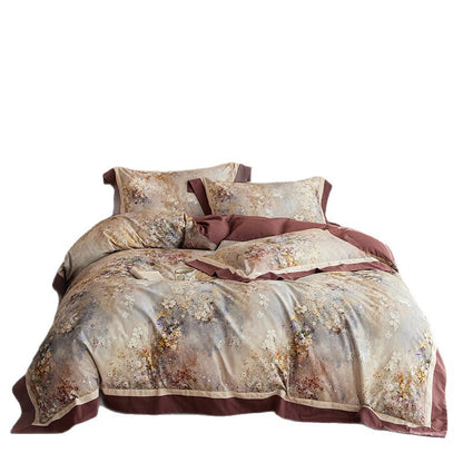 Luxuriöses florales Satin-Bettbezug-Set mit pipiertem Rand