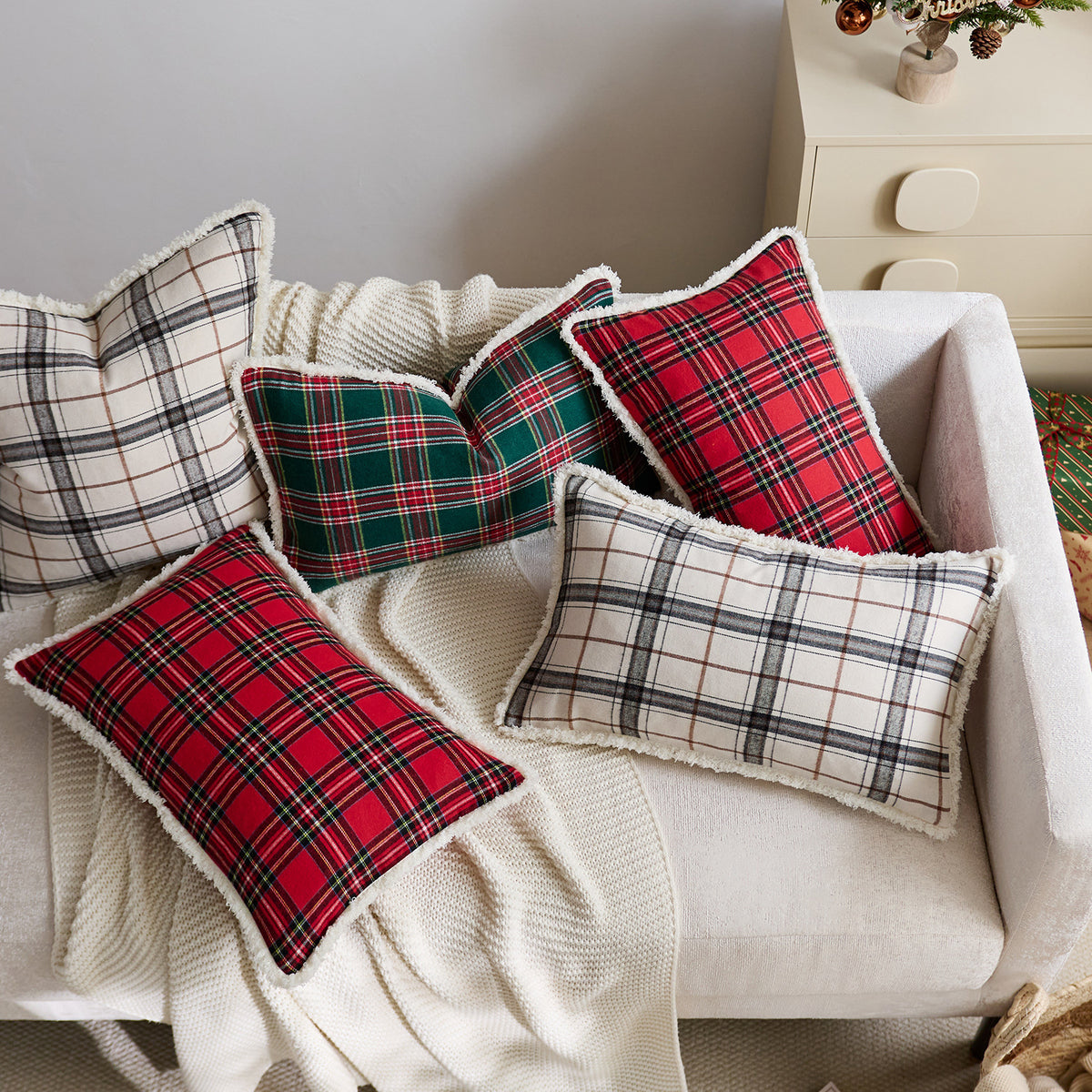 Plaid Sherpa-Trim Quadrat Dekorative Wurfkissenbezug
