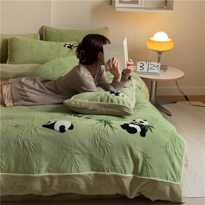 Baumwoll-Bettwäsche-Set mit Relief-Bambus und Panda-Tufting