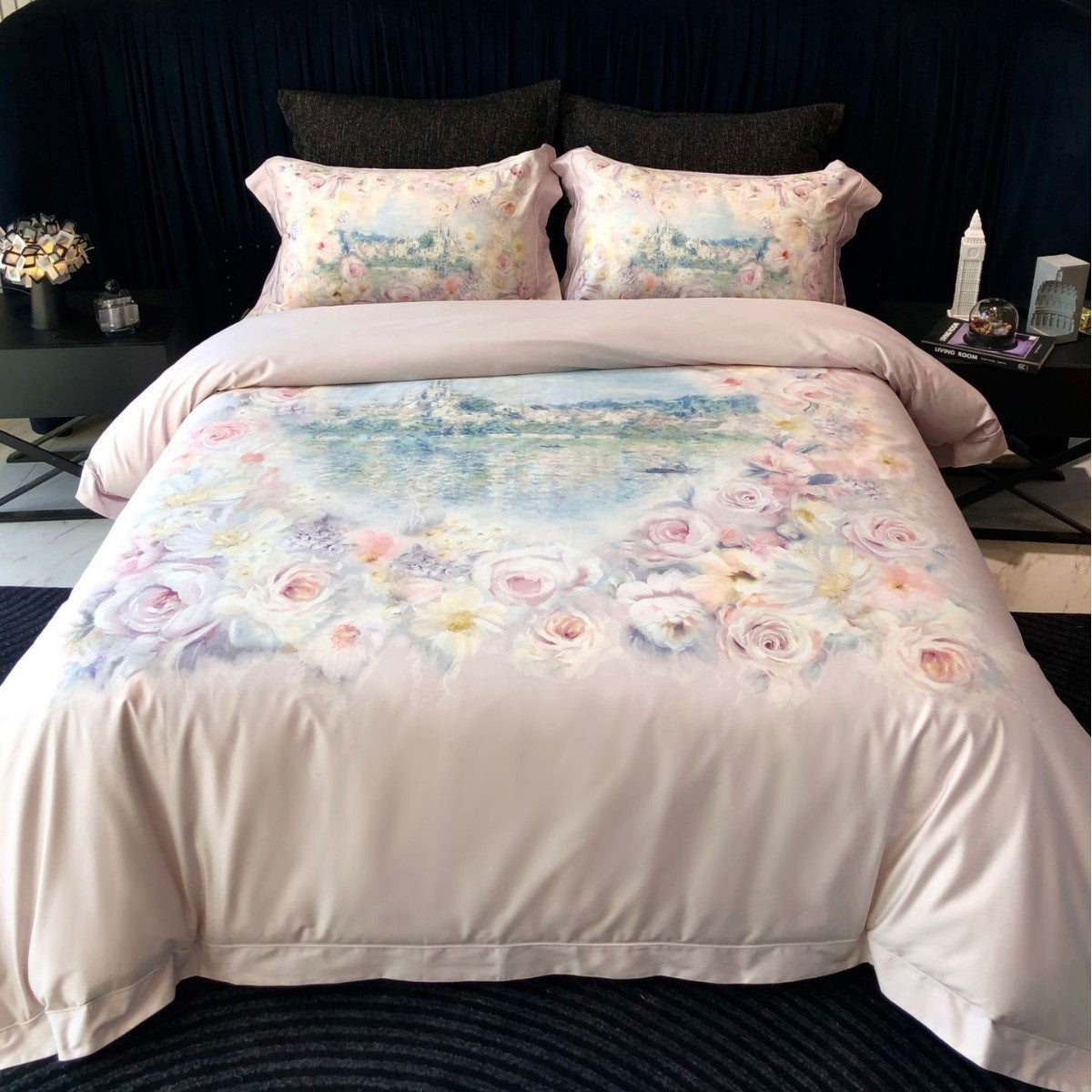 Floral Watercolor Satin-Feel Bettbezug Set mit wendbarem einfarbigen Rücken und Kissenbezügen