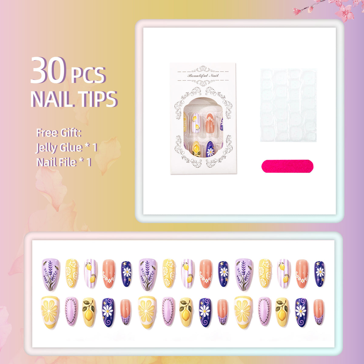 Manuelles Nagelkunst-Set mit floralen und Zitronendesigns