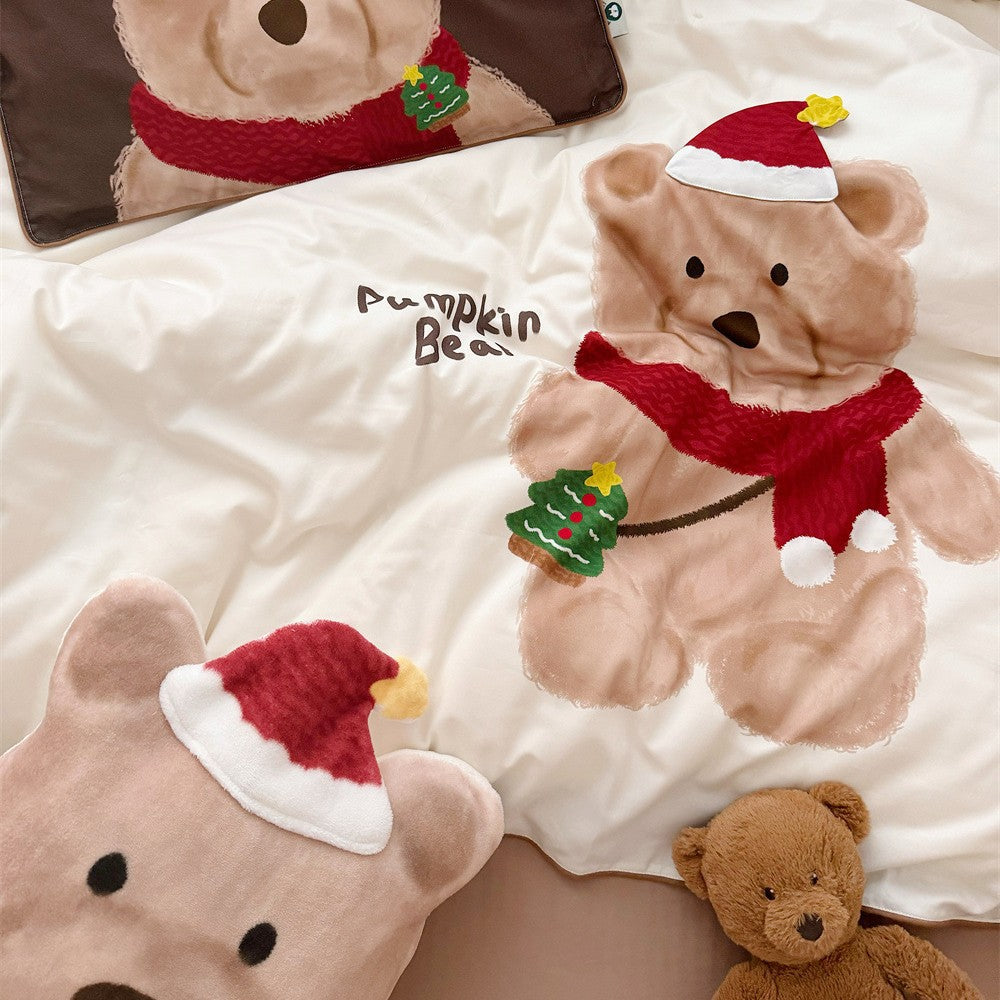 Kinder-Bettwäsche-Set mit kuscheliger Plüschapplikation und Teddybär-Kürbismotiv