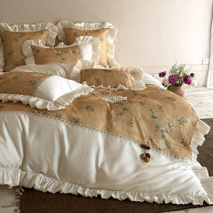 Luxuriöses Floral-Jacquard-Rüsch-Bettbezug-Set mit Spitzenbesatz