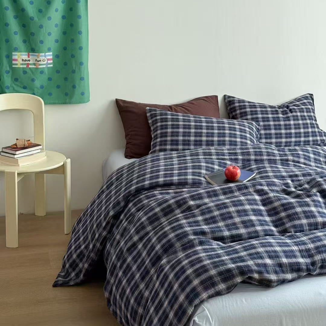 Leichtes Karomuster-Bettwäscheset aus Baumwoll-Musselin mit softer Oberfläche