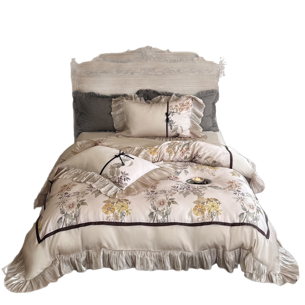 Satin Floral Rüschende Bettbezugset mit Plissiertem Rand und Dekorativen Kissenbezügen