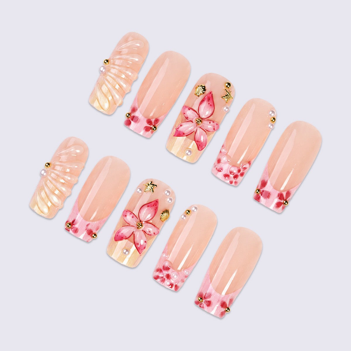 Kunstnagelset mit floralen 3D-Motiven und Glitzerakzenten Brehn