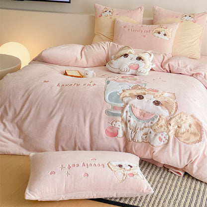 Plüsch Bestickte Cartoon Katze Bettwäsche Set mit Dekokissen und Plüschkissen