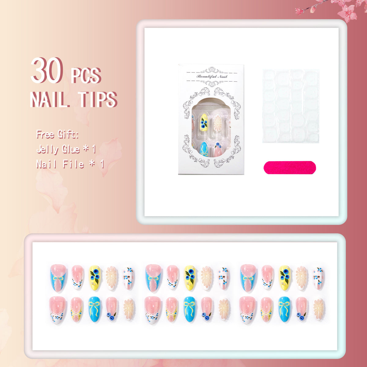 Verspielt mit Blumen verziertes Press-On Nagelset