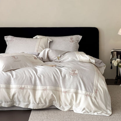 Satin-Trim Besticktes Jacquard Bettbezug Set