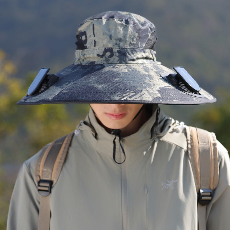 Breite-Krempe Outdoor Sonnenhut mit solarbetriebenem Mikroventilator, atmungsaktivem Mesh und verstellbarem Kinnriemen Brehn