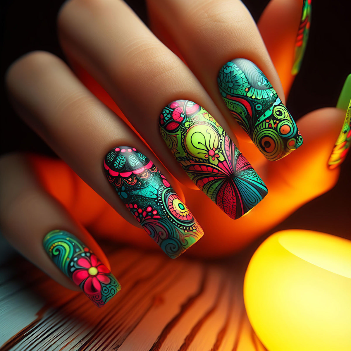Kreative Kunstnägel mit Leuchtendem Blumenmotiv Brehn