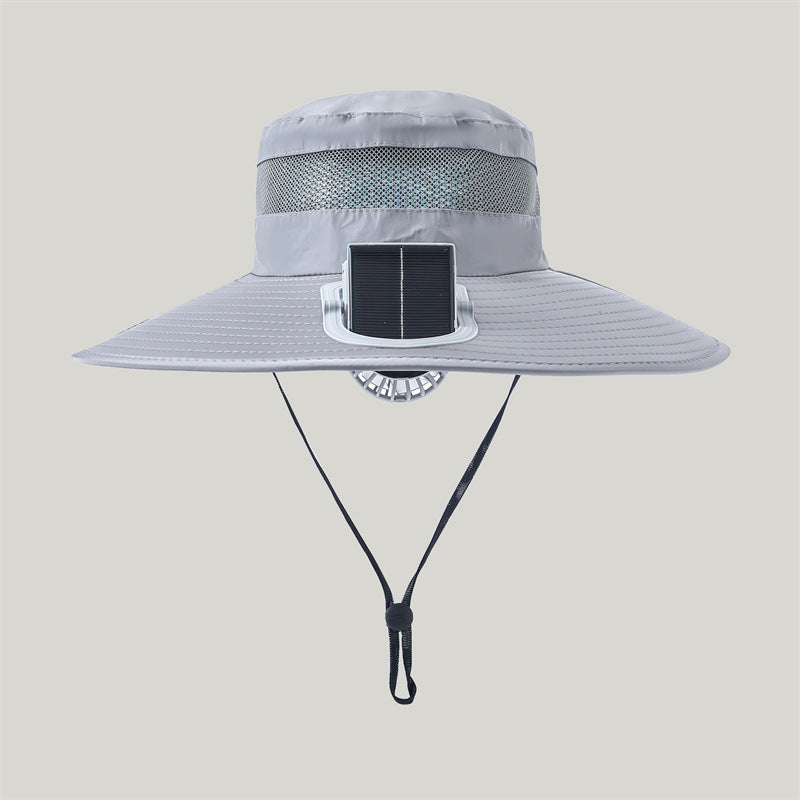 breiter Outdoor-Sonnenhut mit Solarmodul, leisem Mini-Ventilator und verstellbarem Kinnriemen Brehn