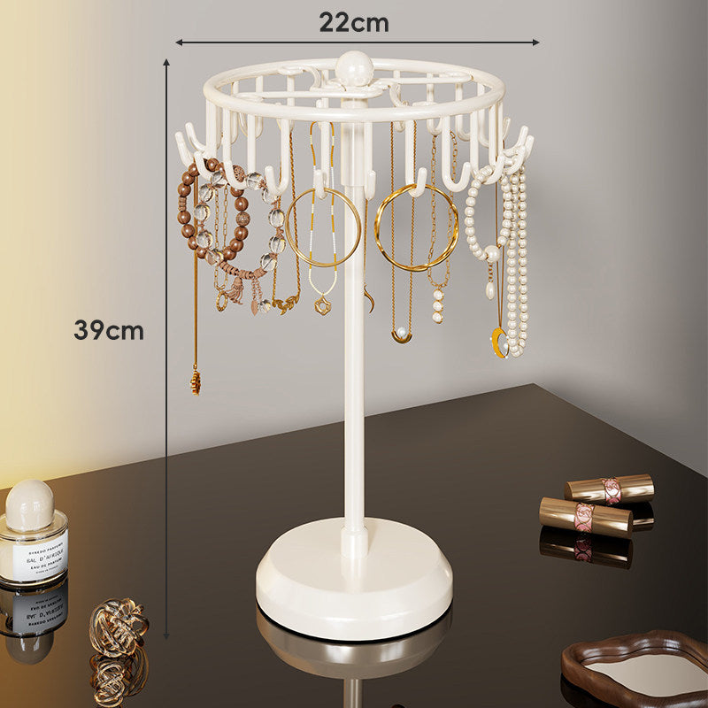 Rotierender gestufter Schmuckorganizer-Ständer mit Mehrarm-Haken und runden Ringtabletts