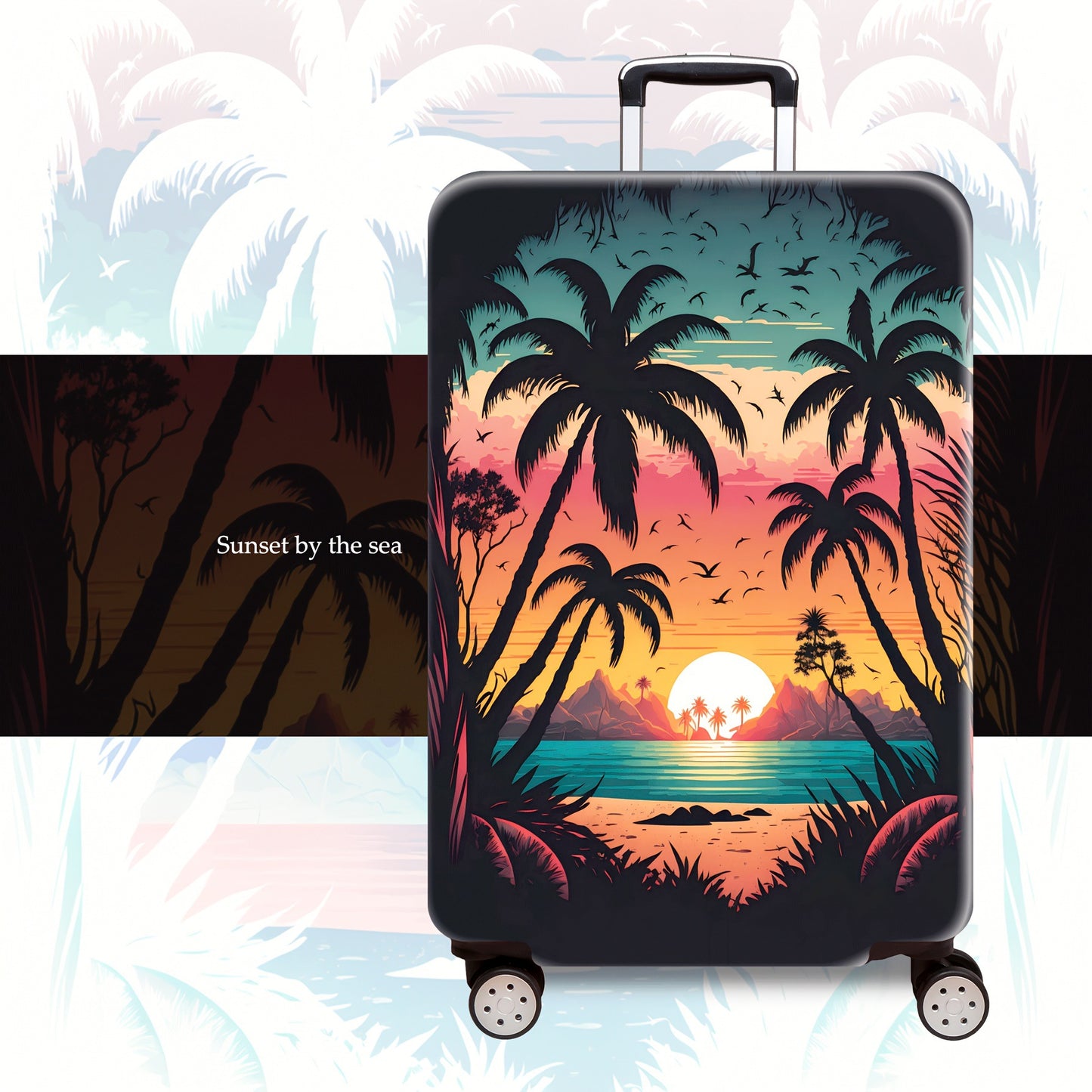 Unisex nan bedruckter Hartschalen Trolley mit tropischem Sonnenuntergang Motiv, vierfach Rollen, erweiterbar und leicht, integriertes Zahlenschloss Brehn
