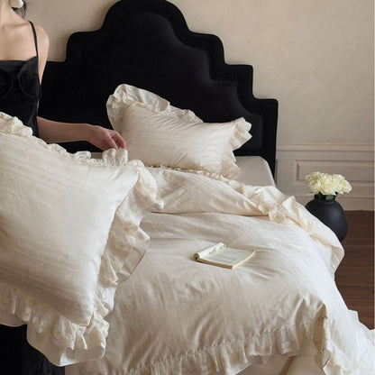 Vintage-inspiriertes Rüschensatin-Jacquard-Bettbezug-Set