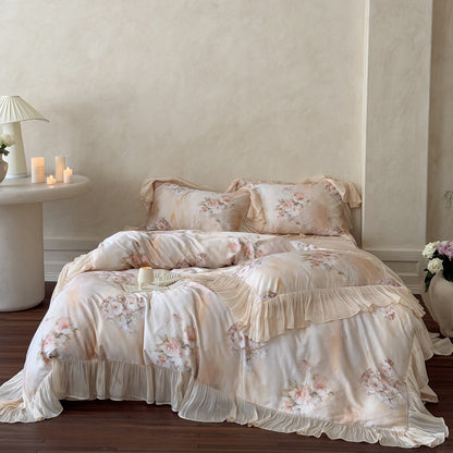Blumen Rüsch Satin Bettbezug Set