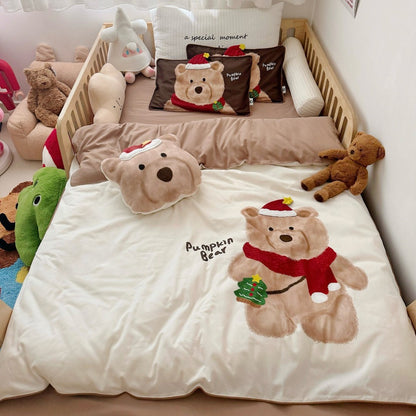 Kinder-Bettwäsche-Set mit kuscheliger Plüschapplikation und Teddybär-Kürbismotiv