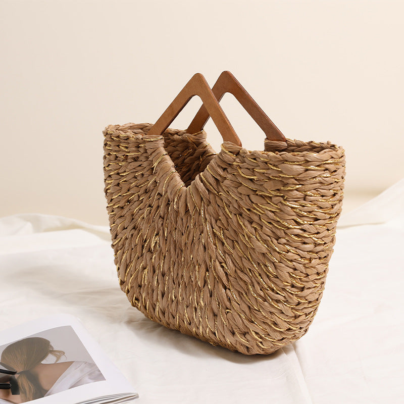 Handgefertigte Tragbare Basttasche mit Holzgriffen Brehn