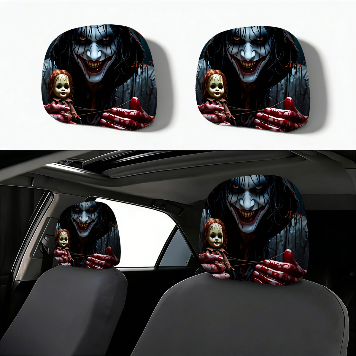 Auto-Kopfstützenbezug mit Retro-Horror-Motiv