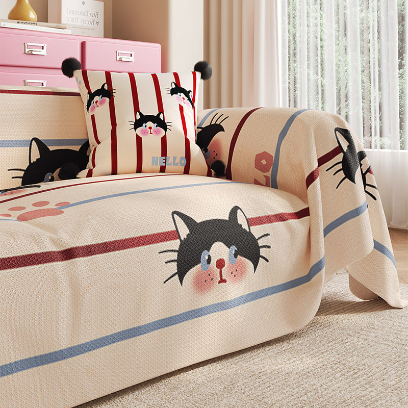 Decorative Stretch-Fit Cat-Print Reversible Sofa Slipcover with Elasticized Skirt