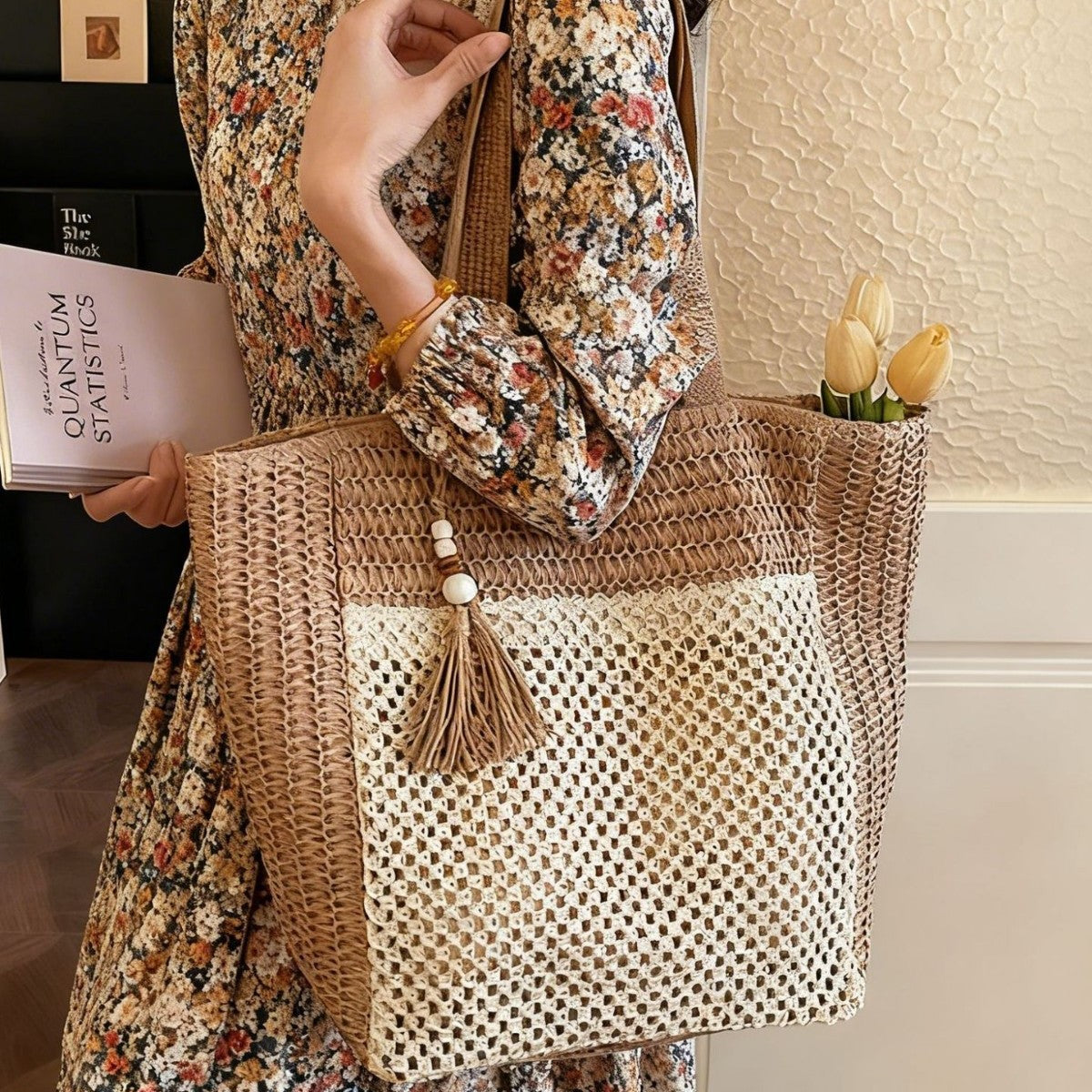 Handgefertigte Strohtasche mit Quasten Brehn