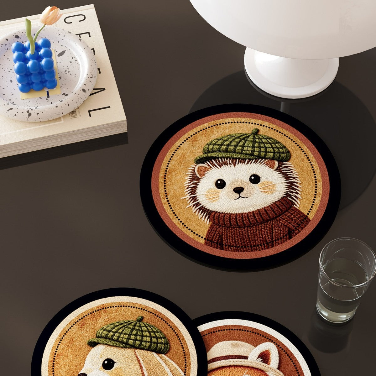 Round Embroidered Faux-Leather Drink Coaster Set with Non-Slip Backing