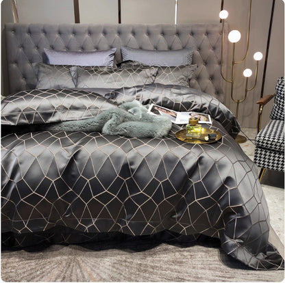 Luxuriöses Satin-Jacquard geometrisches Bettbezug- und Kissenbezug-Bettset