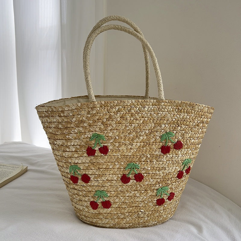 Handgefertigte Strohtasche mit Buntem Zitronenmotiv Brehn