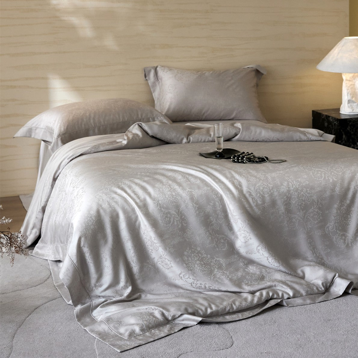 Luxus Jacquard Blattmuster Sateen Bettwäsche-Set mit verdezippertem Reißverschluss