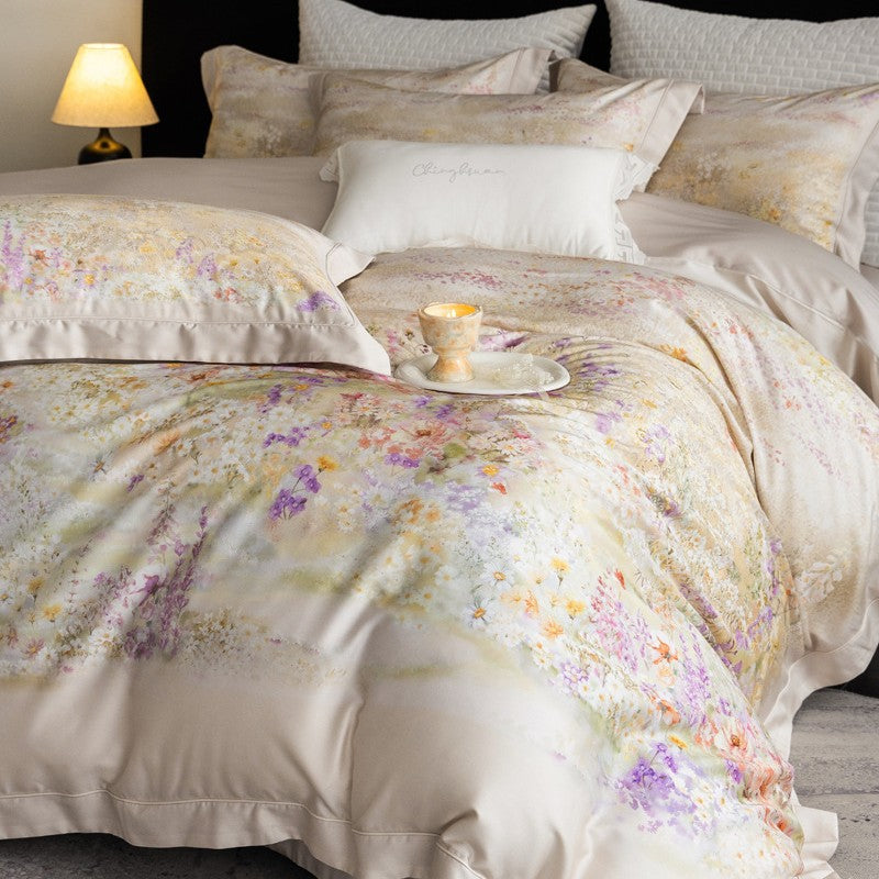Seidenglänzende Satin-Bettwäschegarnitur mit aquarelliertem Wiesenblumen-Print und verdecktem Reißverschluss