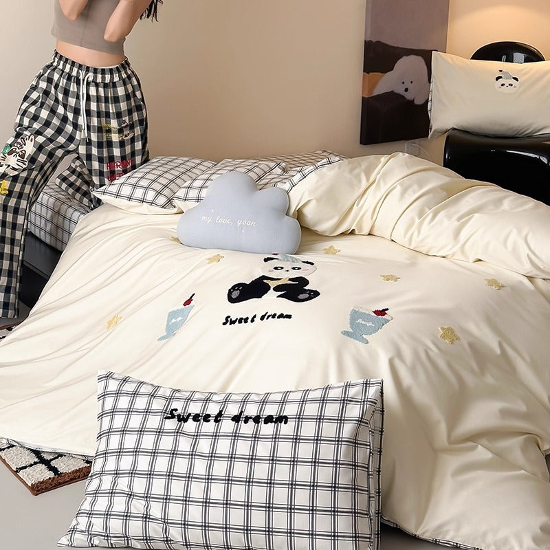 Bestickte Baumwollsatin Bettbezug Set mit Applikation Hasen und Punkte Kissenbezüge