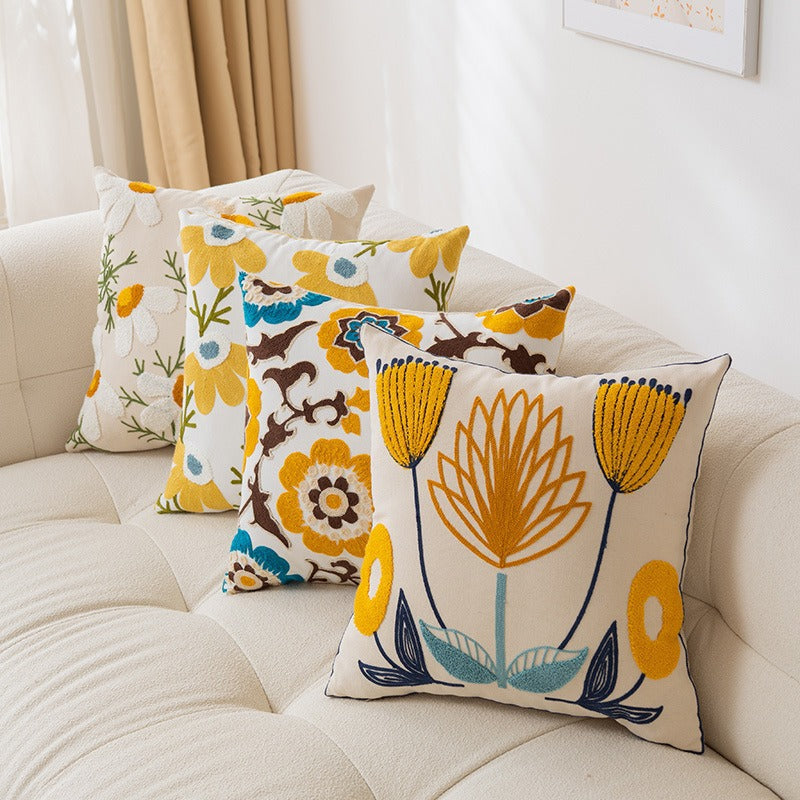 Bestickter Floral Baumwoll-Leinen Quadrat Kissenbezug mit verstecktem Reißverschluss und strukturiertem Appliqué
