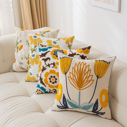 Bestickter Floral Baumwoll-Leinen Quadrat Kissenbezug mit verstecktem Reißverschluss und strukturiertem Appliqué