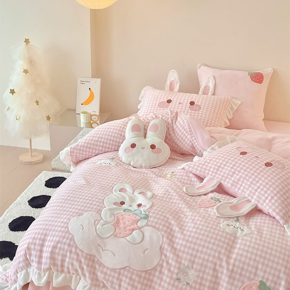 Niedliches Gingham Kaninchen Applikation Rüsch Bettbezug Bettwäsche Set