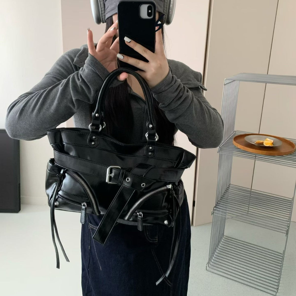 Strukturierte Leder-Handtasche