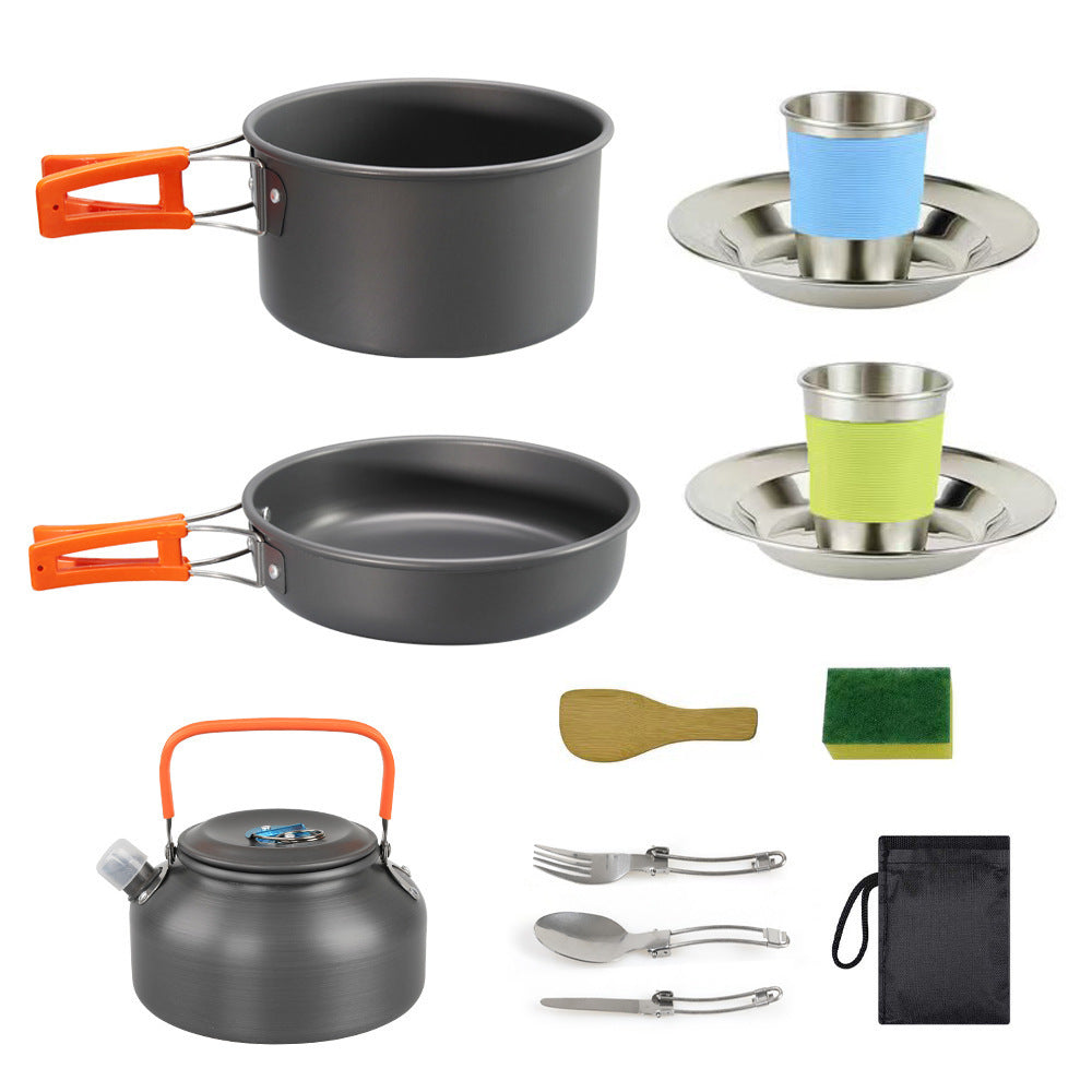 leichtes hart-anodisiertes Campinggeschirrset mit klappbaren Griffen, kompaktem Wasserkocher und Edelstahlbechern Teller Brehn