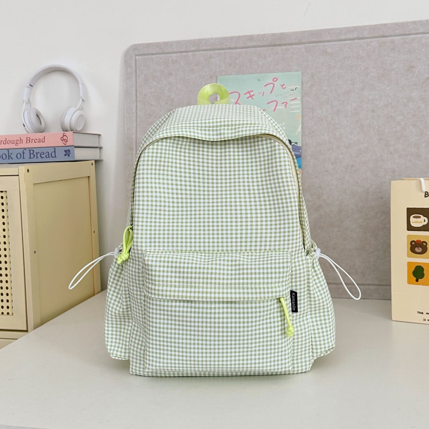 Gingham-Print Charakter-Verzierte Schul-Rucksack
