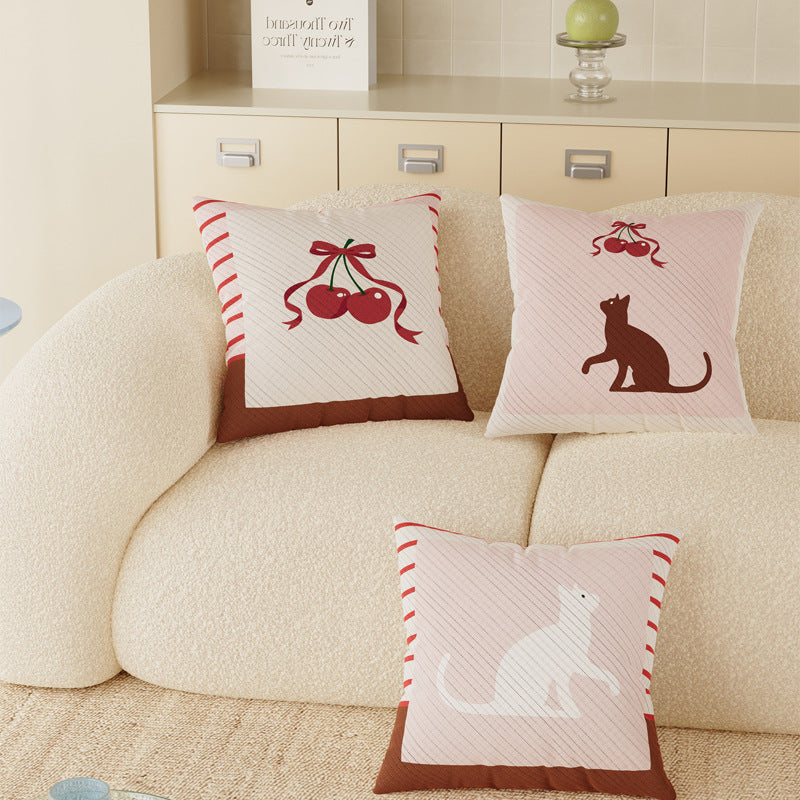 Square Cotton-Linen Throw Pillow Cover with Whimsical Cat Silhouette and Festive Cherry Ribbon Print