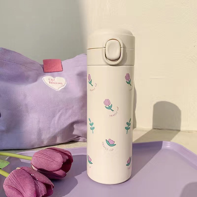 Damen Isolier-Trinkflasche mit funktionellem Deckel und kreativem Floralmotiv Brehn
