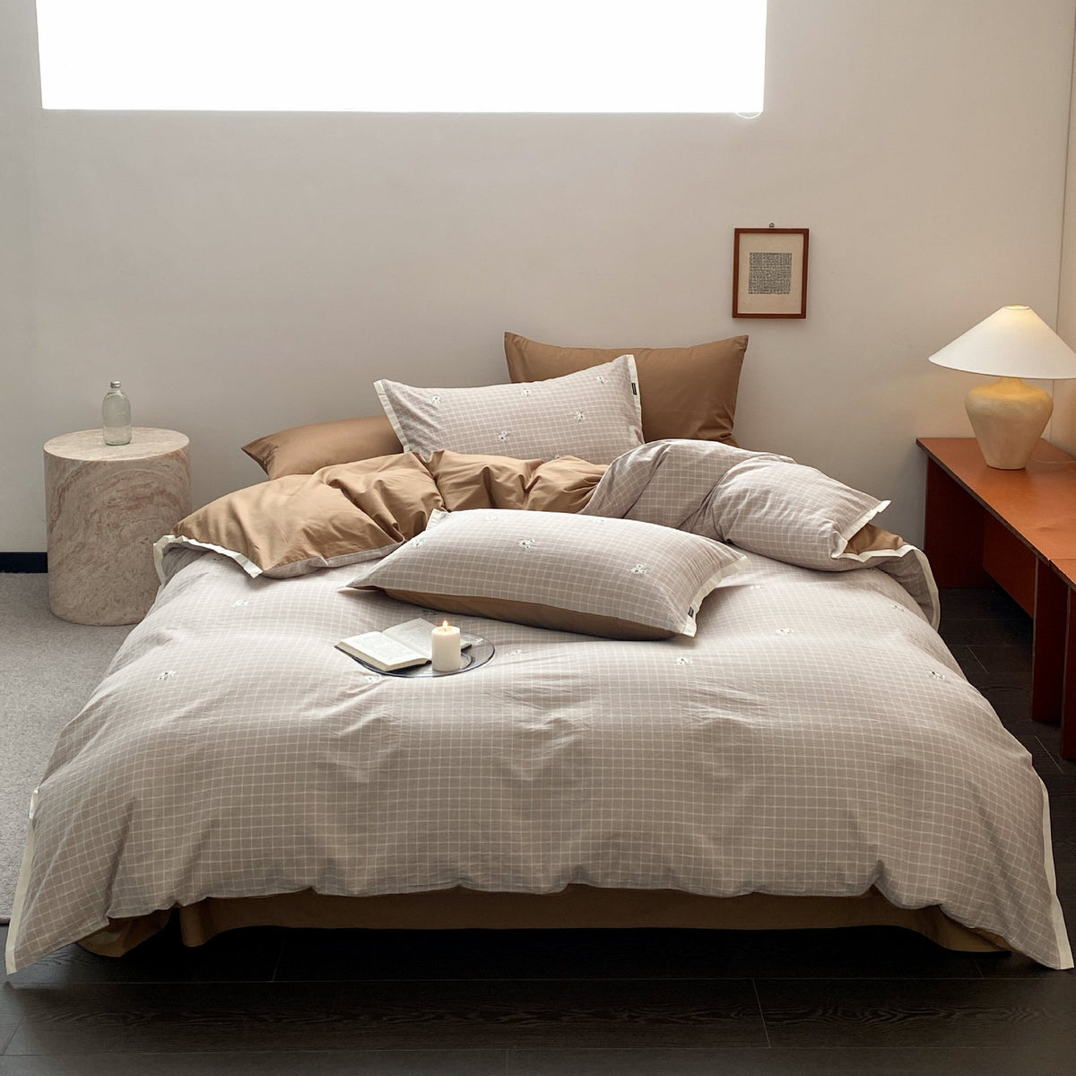 Luxus Baumwollsatin Bettbezug Set mit Karo-Stickerei